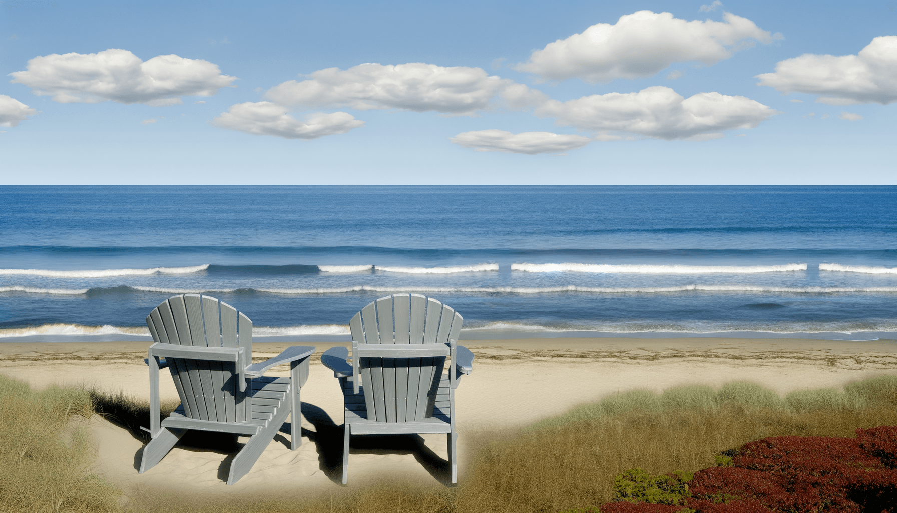 Two empty beach chairs facing ocean