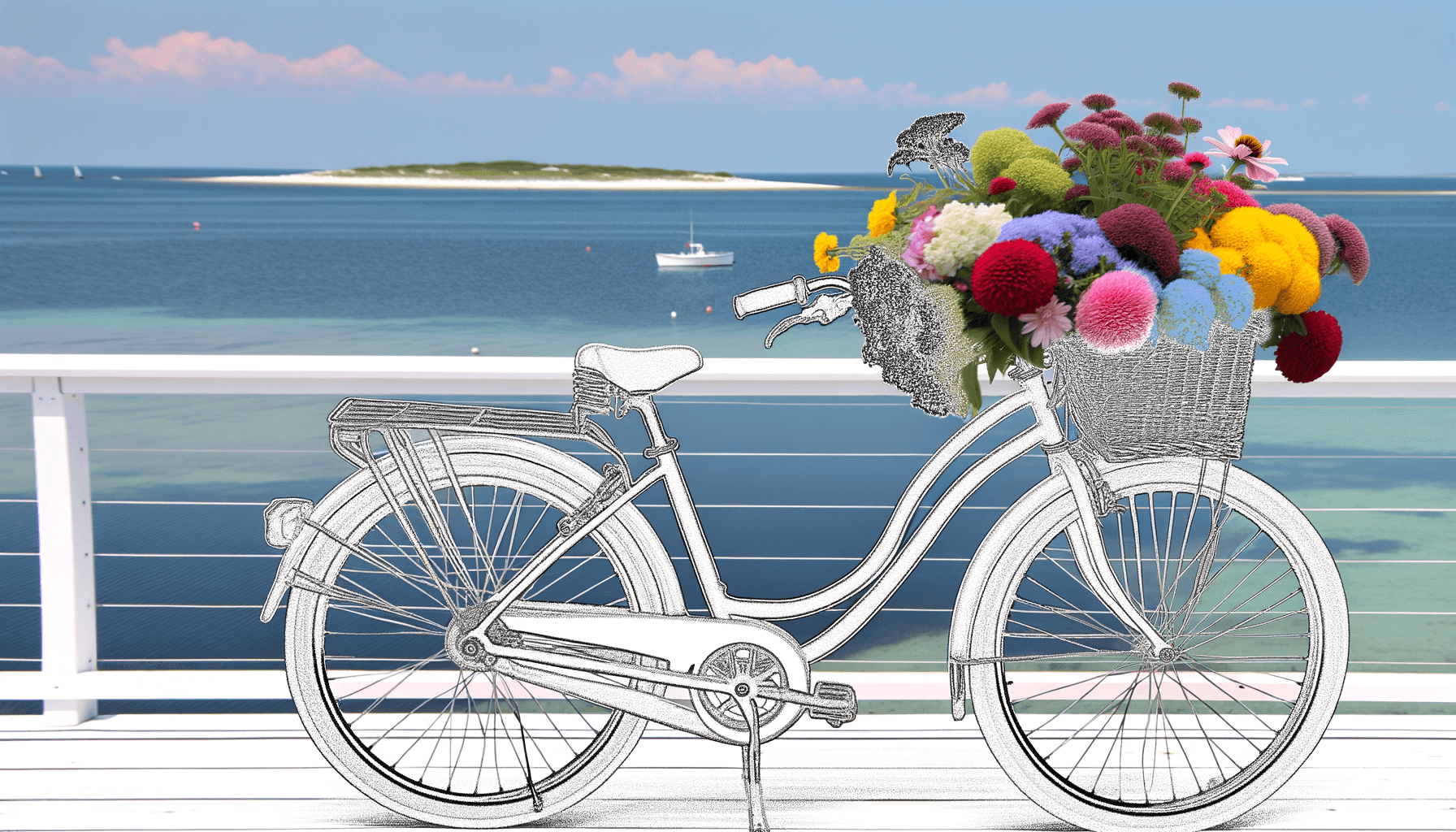 Bicycle basket filled with fresh flowers