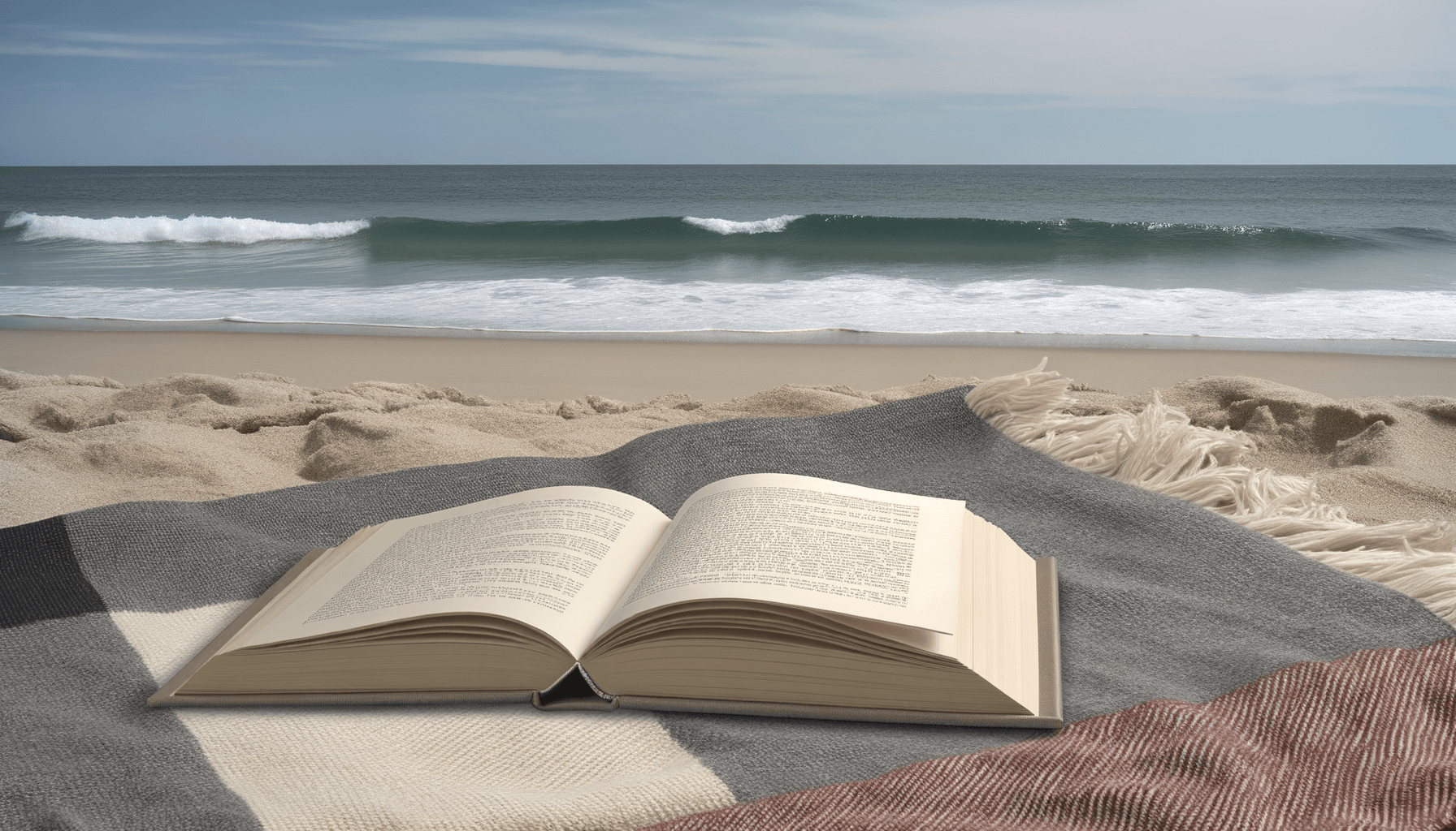 Open book on beach blanket