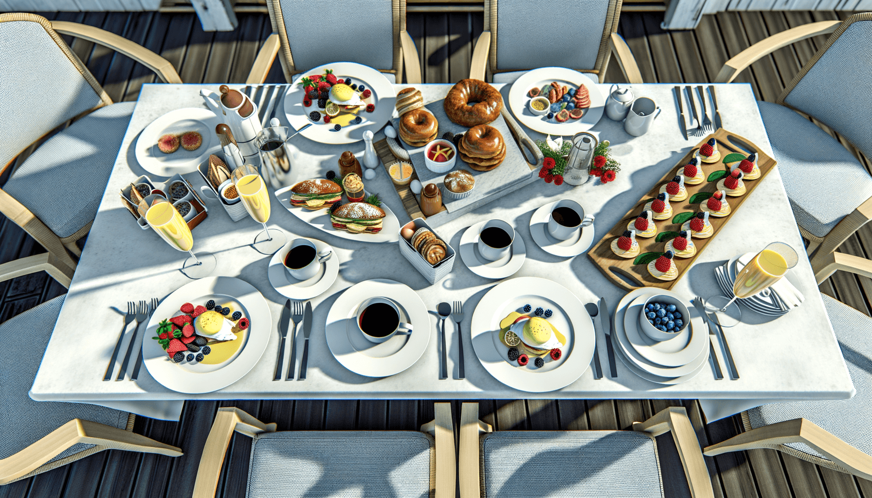 Brunch table spread with eggs, pastries, and coffee