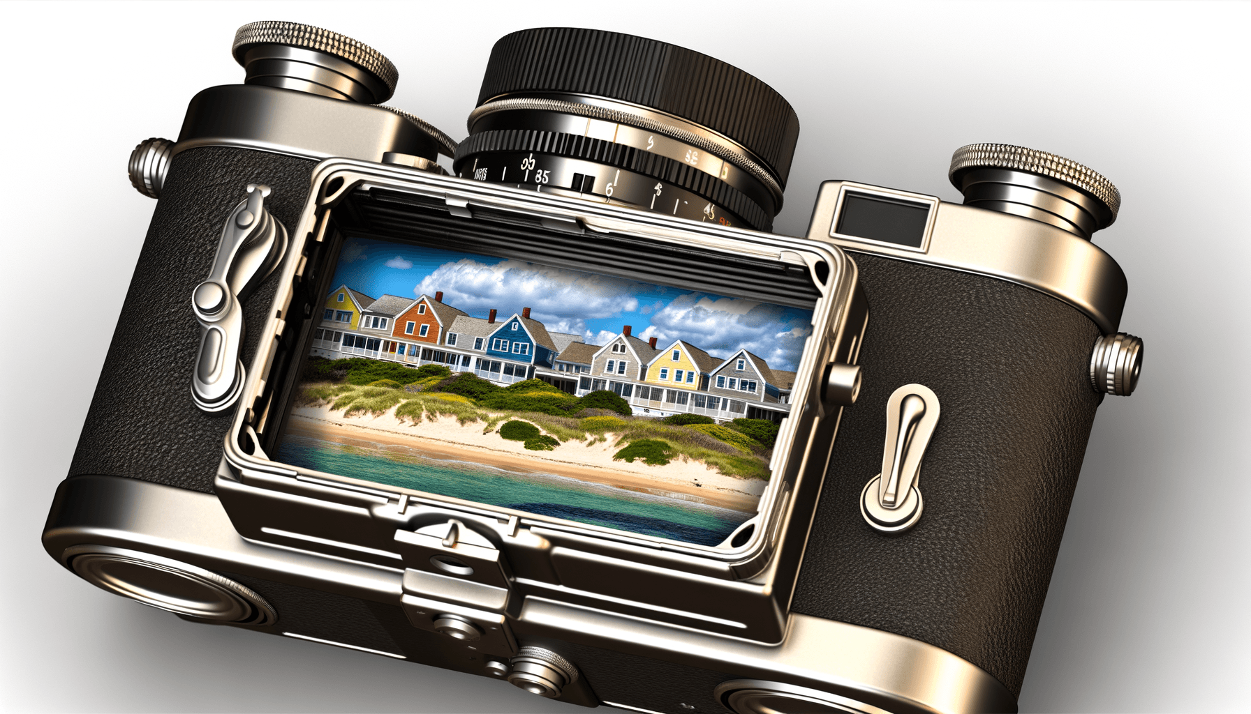 Vintage camera capturing island scenery