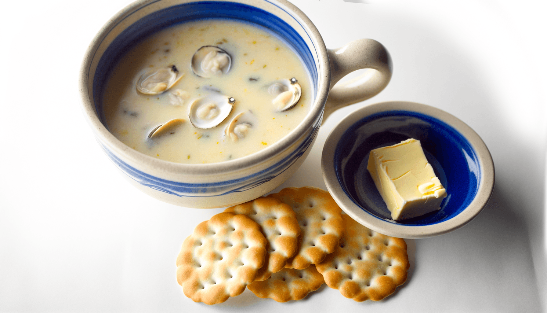 Creamy New England clam chowder with oyster crackers