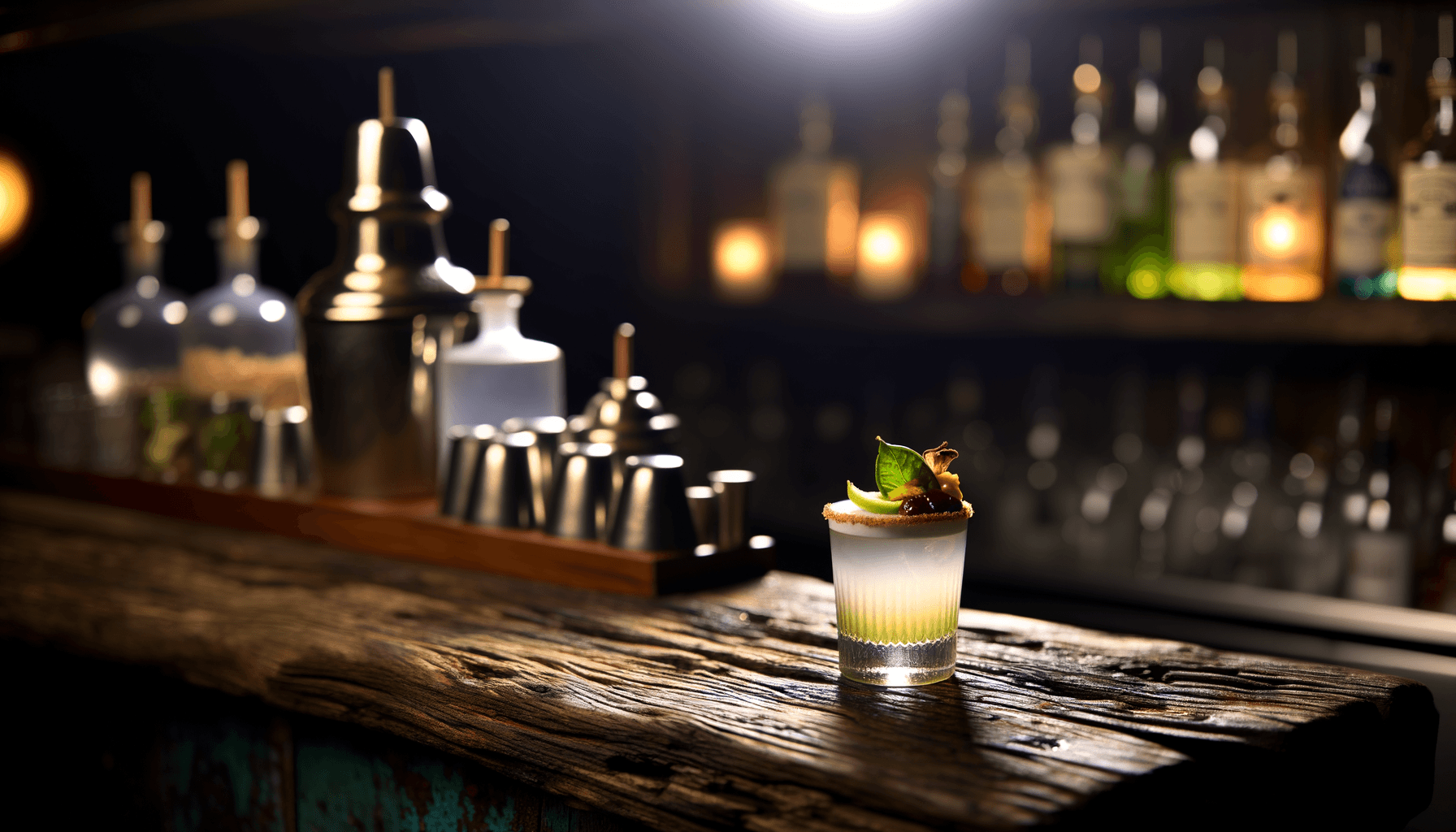 Artfully garnished cocktail on wooden bar