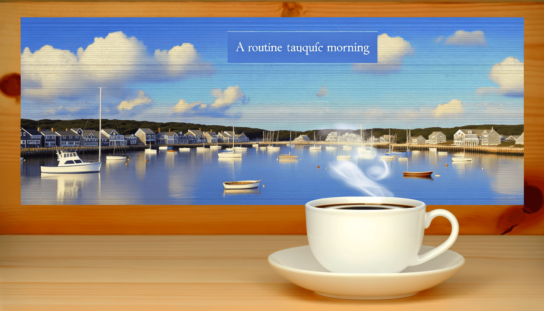 Steaming coffee cup with harbor view