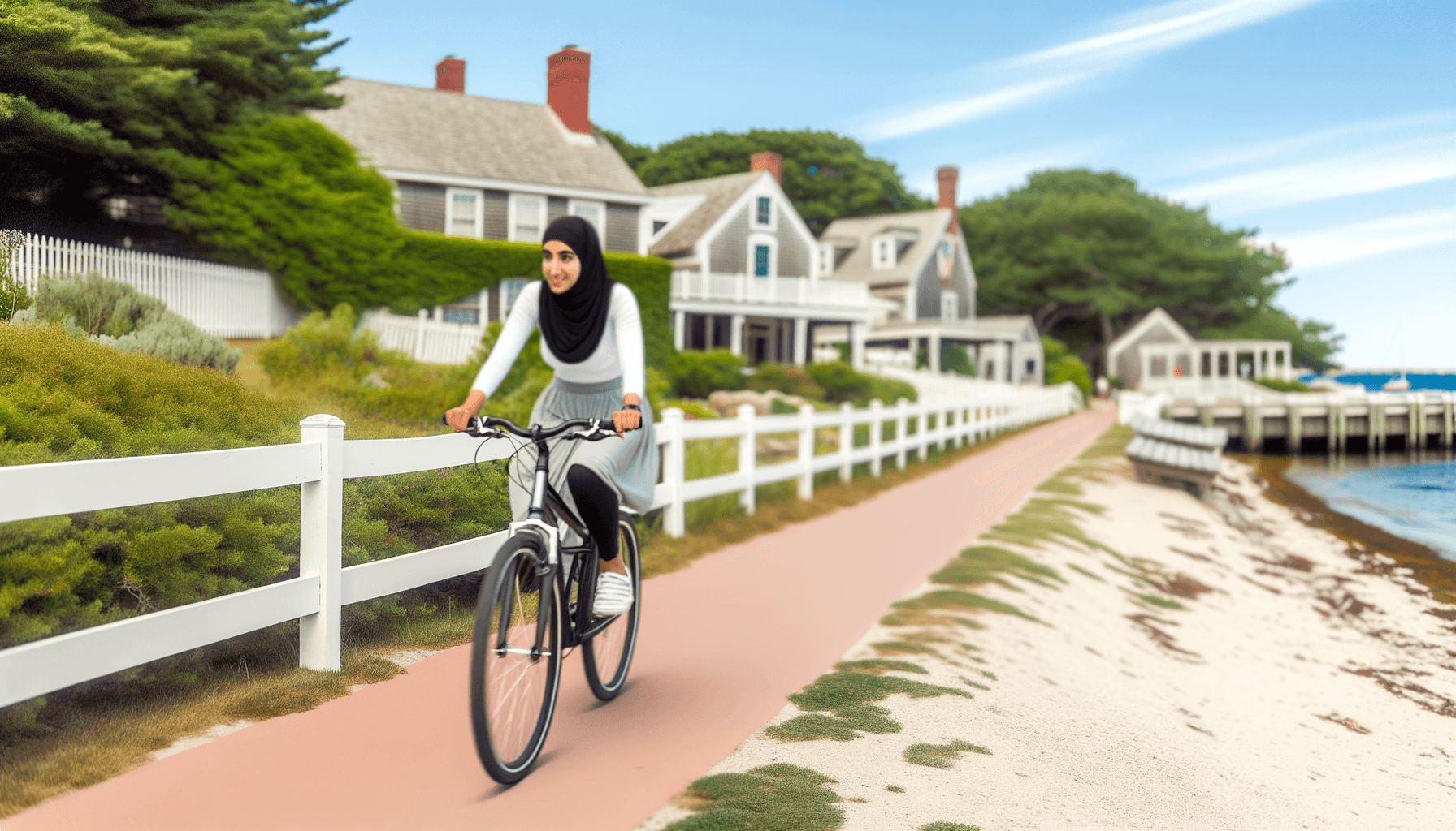 Cyclist riding on scenic island bike path