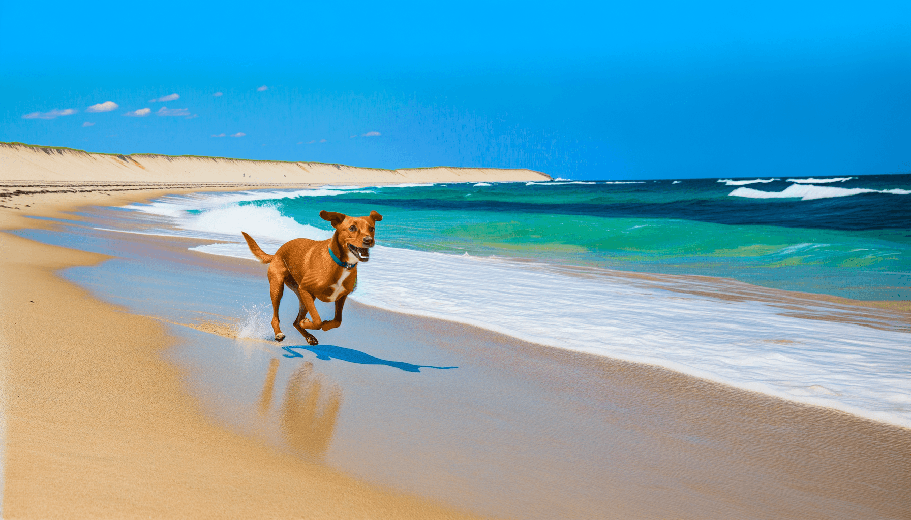 Happy dog running on pet-friendly beach