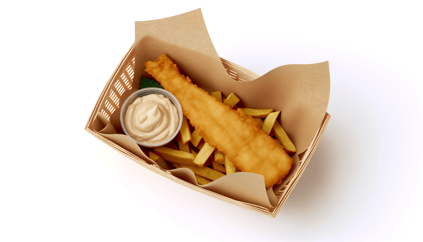 Crispy fish and chips in paper-lined basket