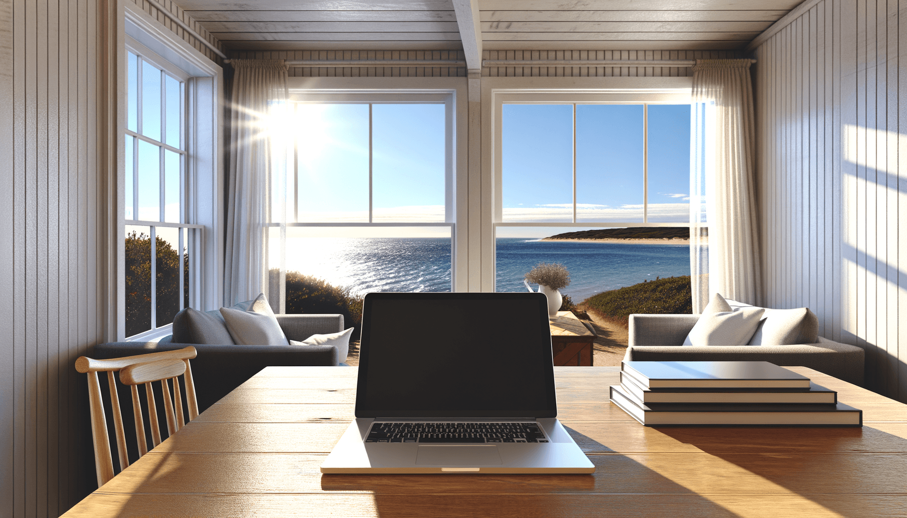 Laptop workspace with ocean view