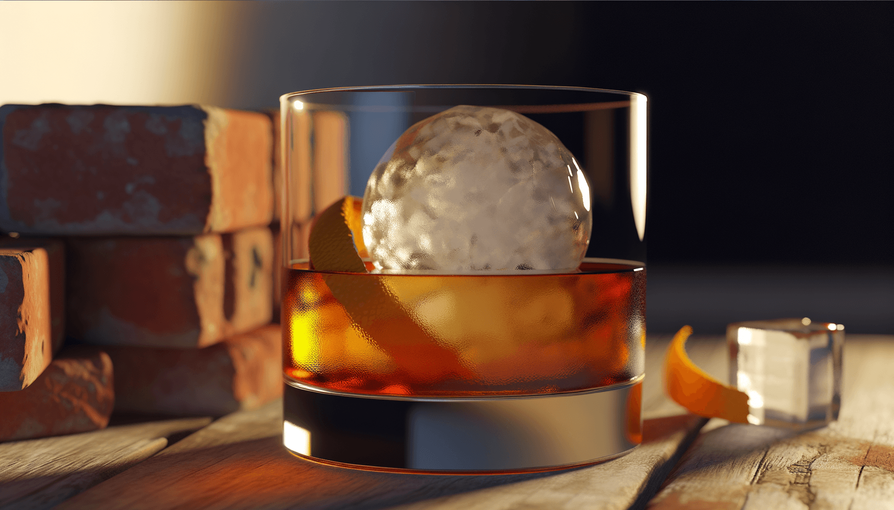 Whiskey old fashioned with ice sphere and orange peel