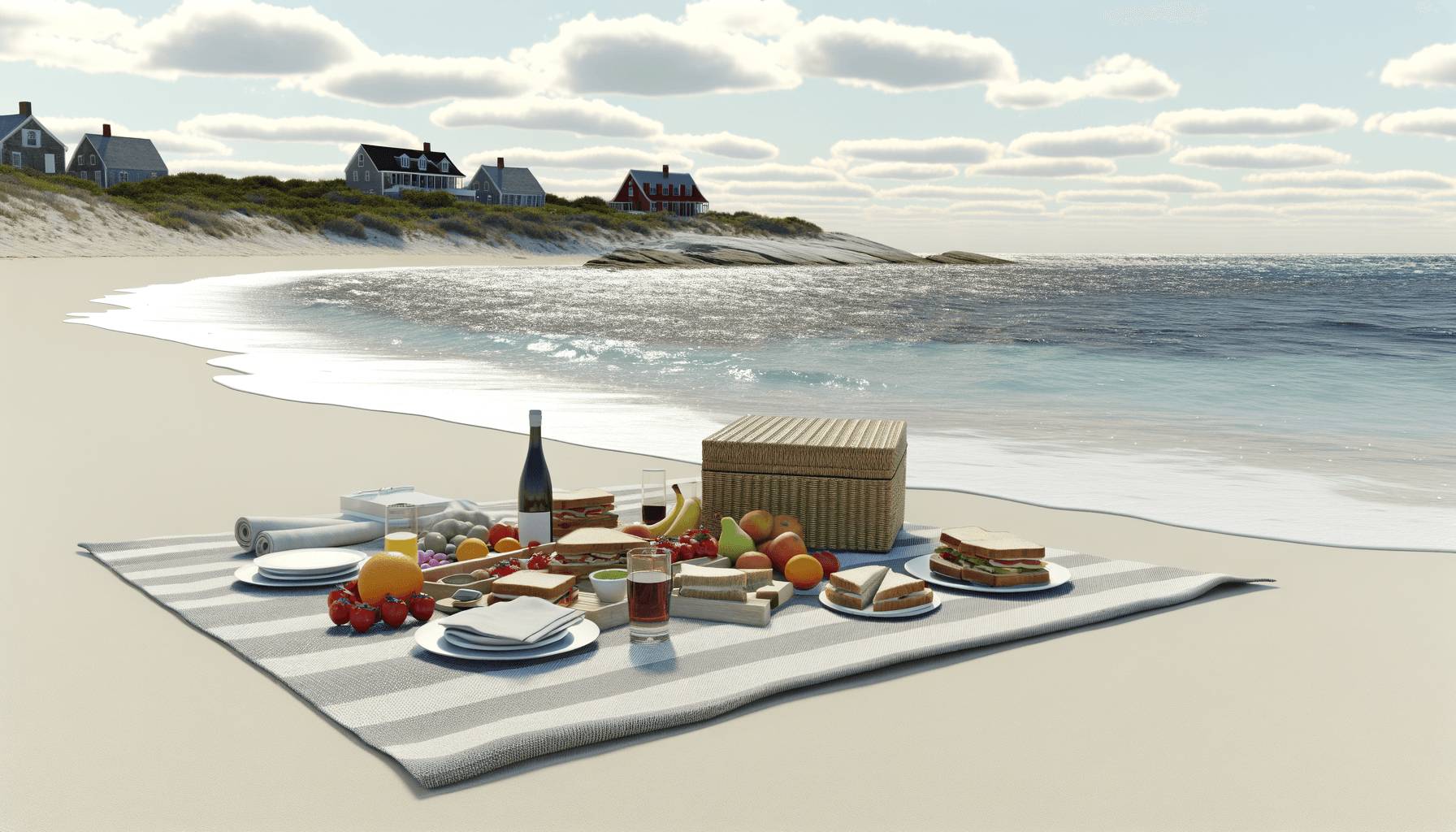 Beach picnic spread on blanket with ocean view