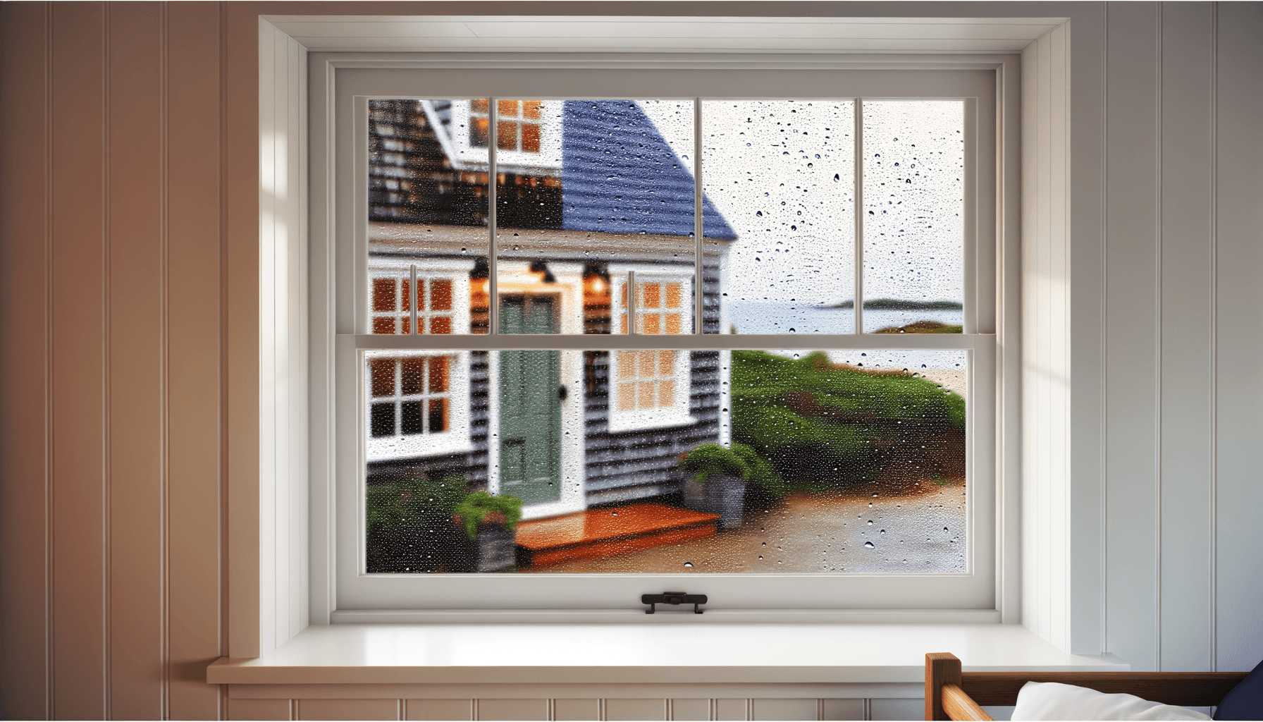 Rainy day view through cottage window