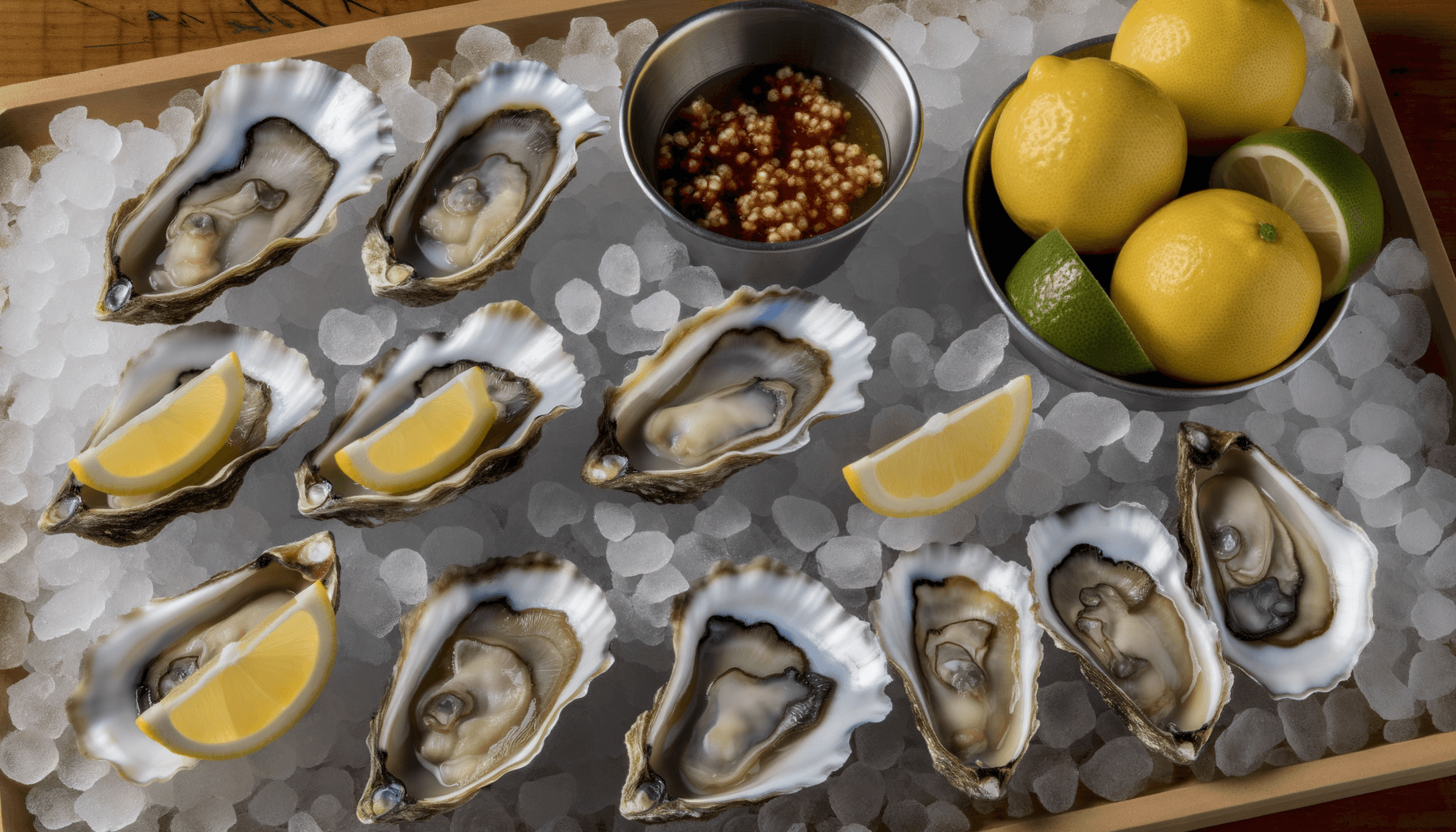 Fresh local oysters on crushed ice with lemon