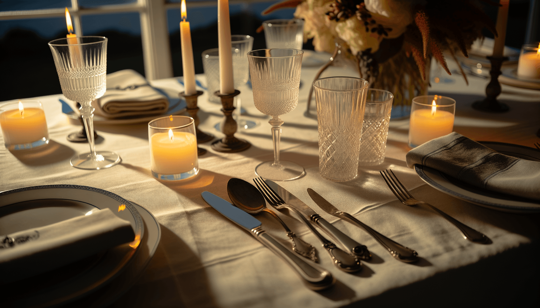 Candlelit dinner table for two