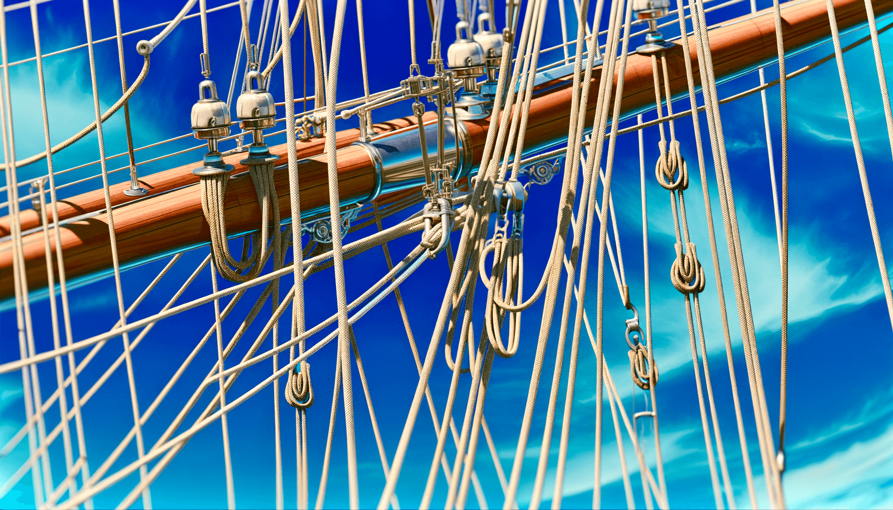 Sailboat rigging and ropes against blue sky