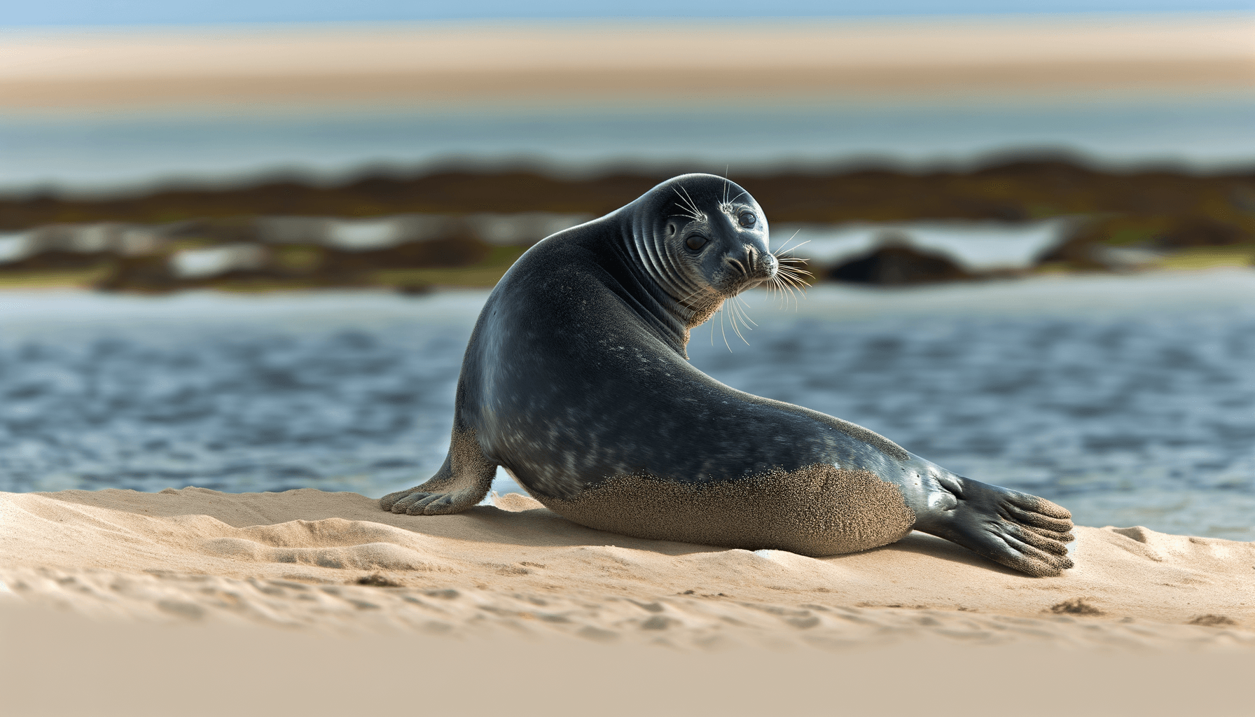 Grey seal resting on sandbar