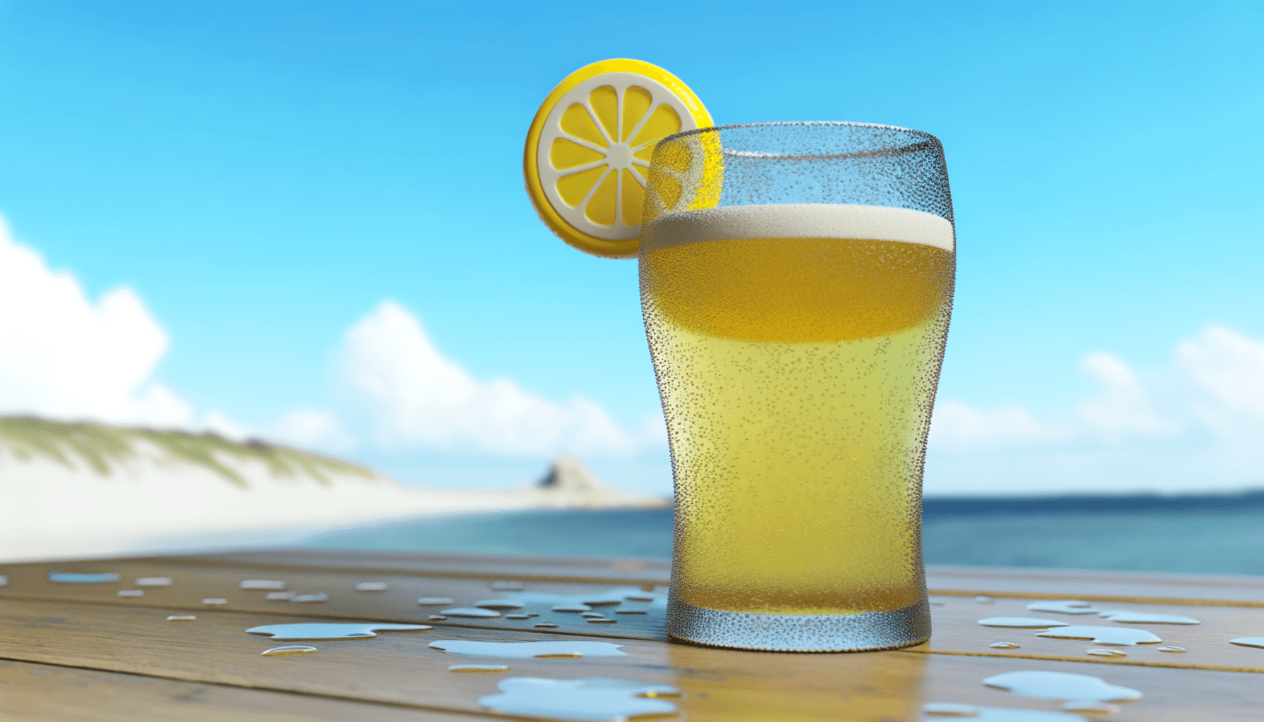 Refreshing beer shandy with lemon slice