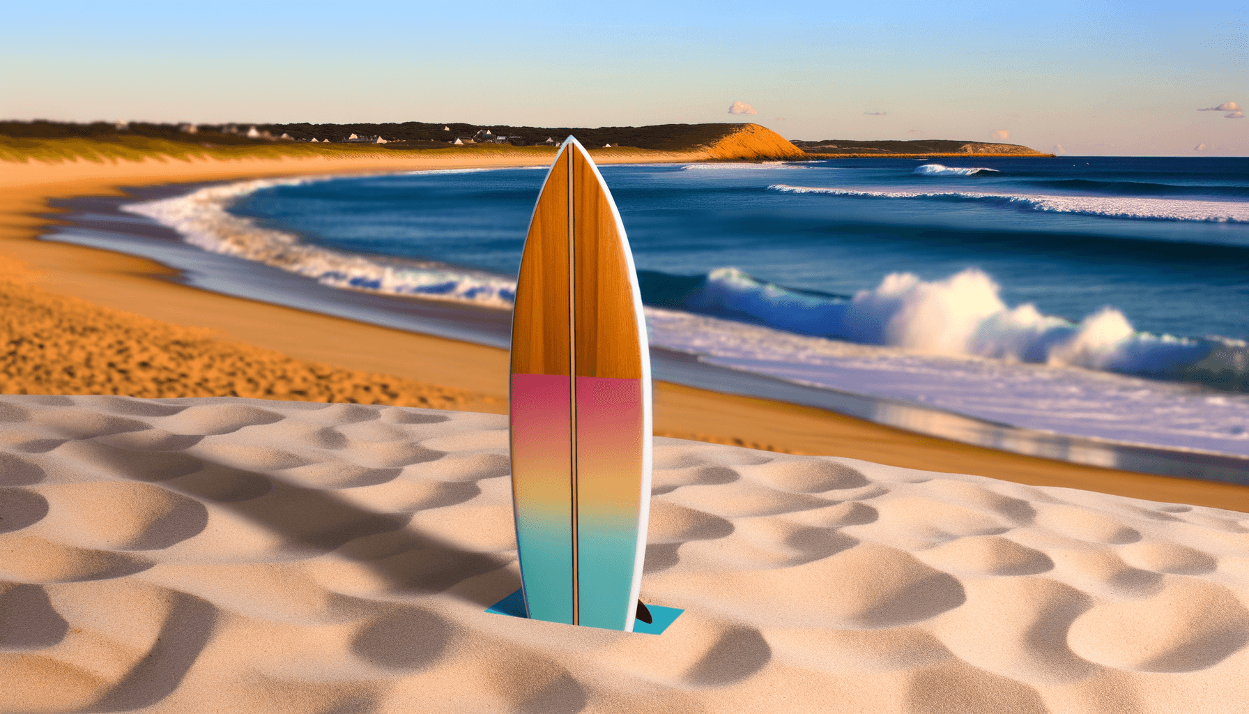 Surfboard standing in sand with waves behind