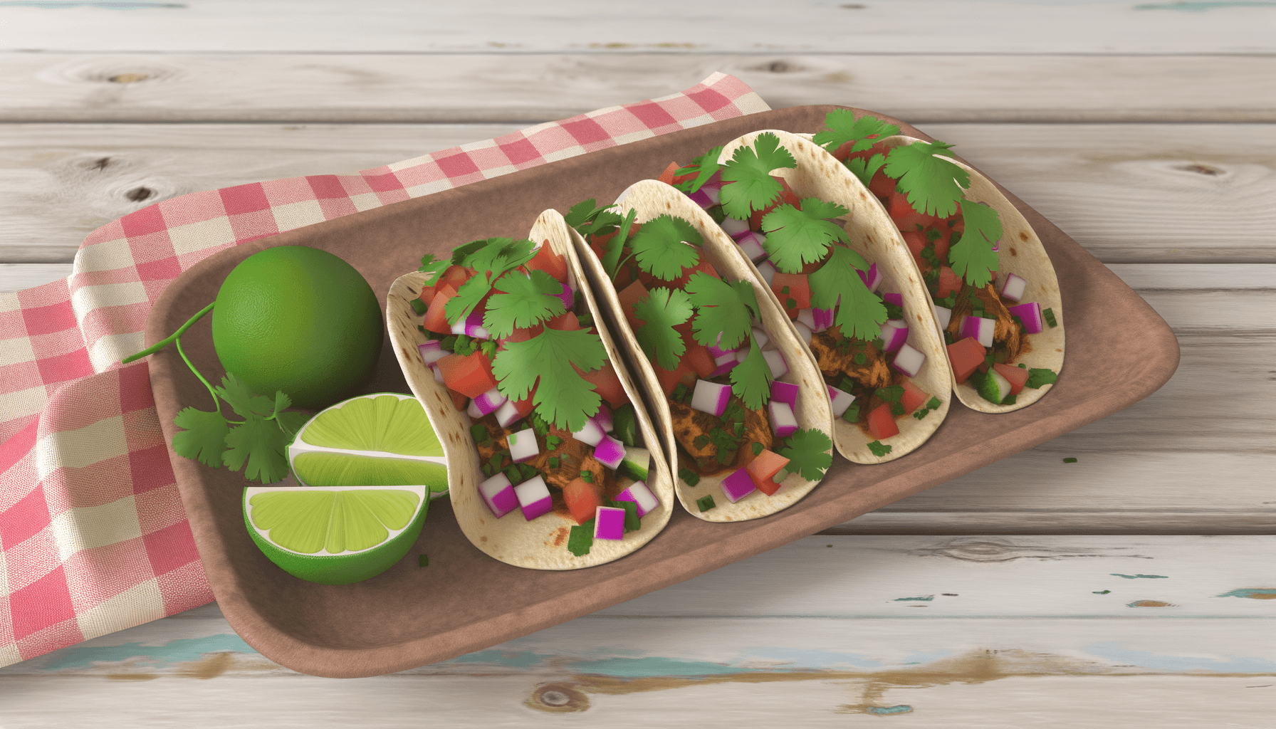 Three street tacos with fresh cilantro