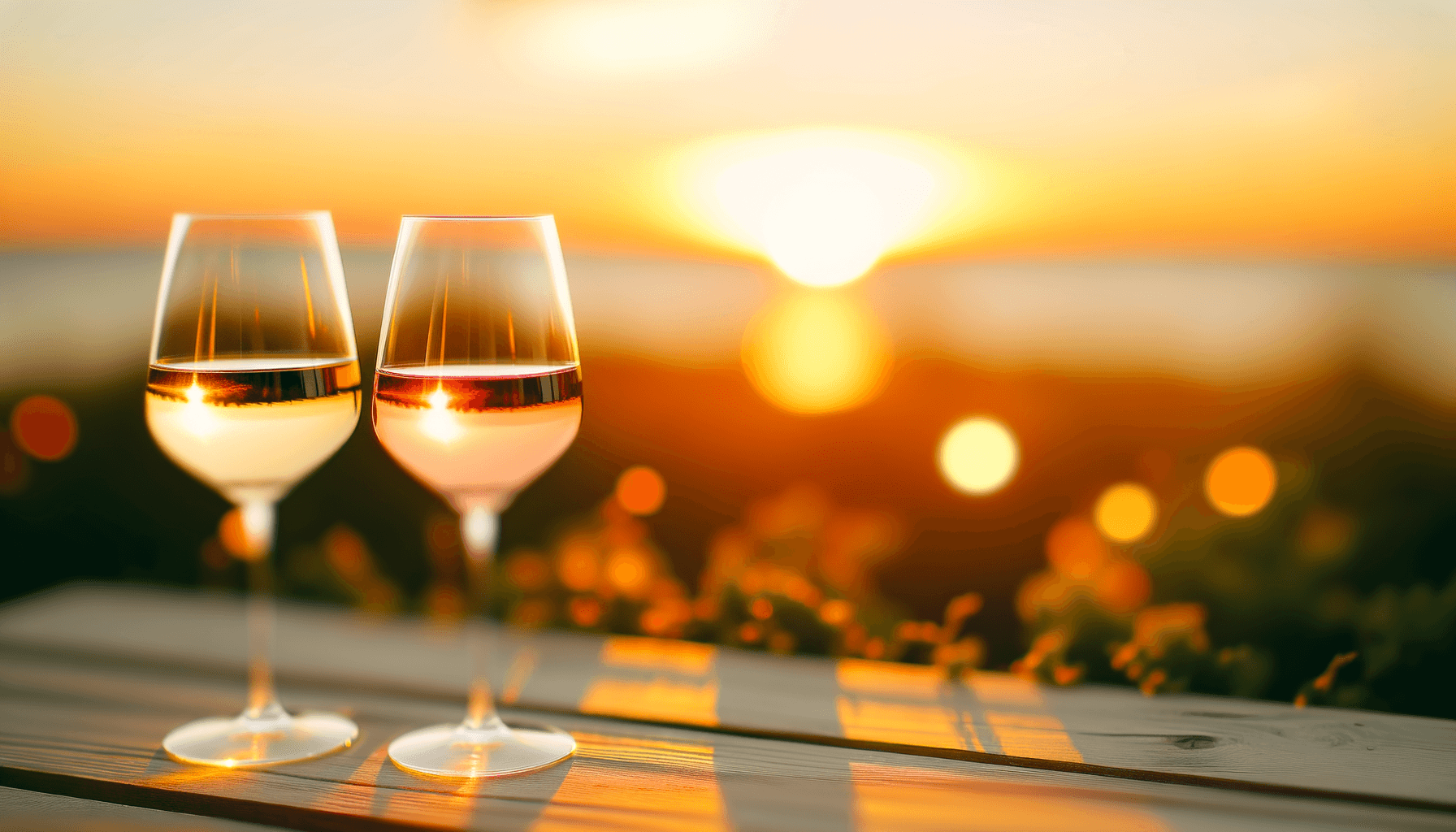 Two wine glasses catching golden sunset light